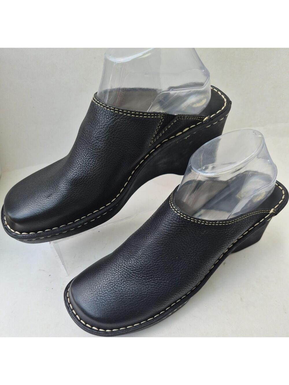 BJornal Women's Black Leather Clogs Slip On Wedge Mule Shoes Size 8M